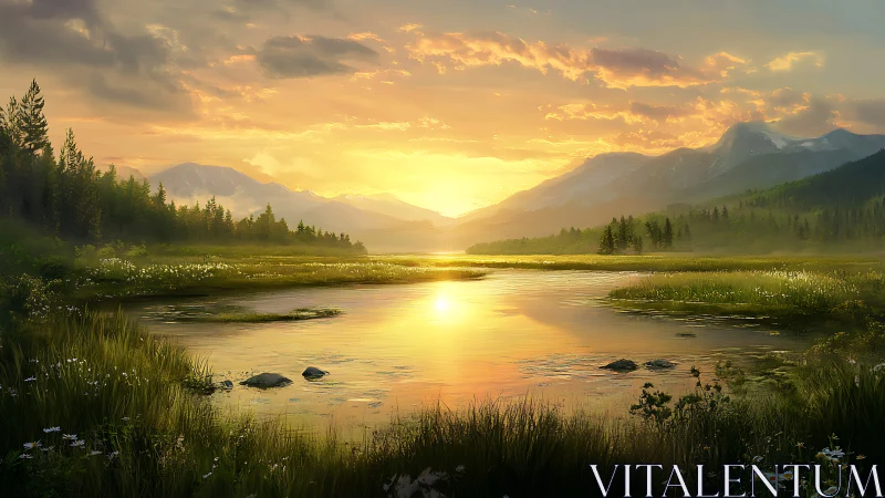 Sunlit mountain lake reflects distant ridges at sunset