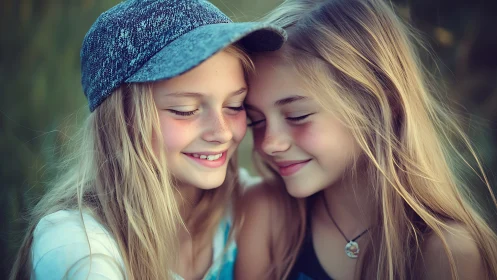 Two blonde children with denim cap displaying warm emotional connection and soft portrait lighting.