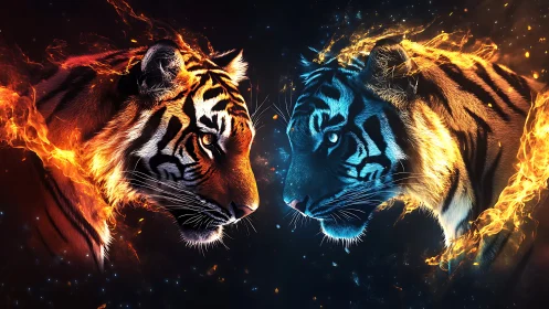 Two Tigers Face to Face with Flame Effects