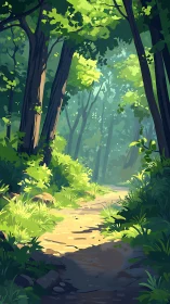 Forest path rendered with layered green foliage and atmospheric depth