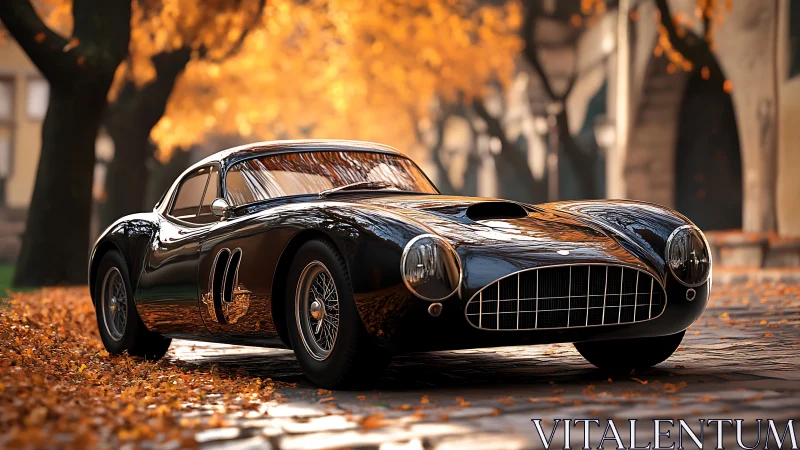 Photoreal classic coupé on autumn city boulevard composition.