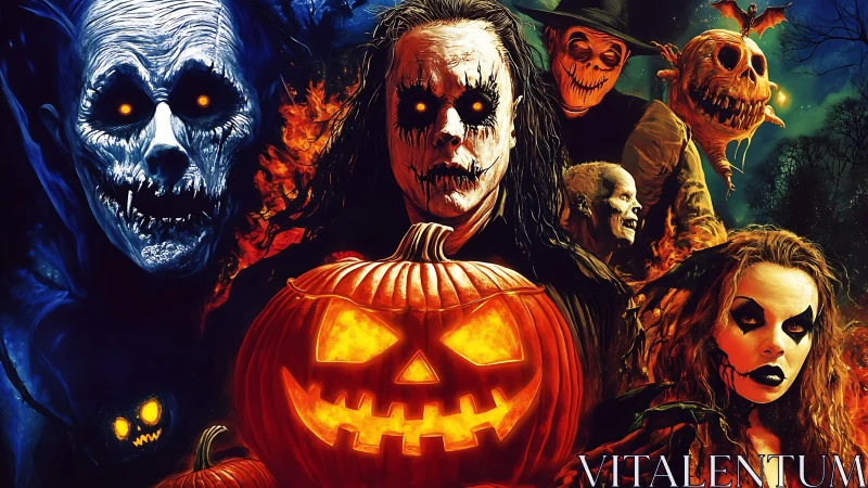 Multicharacter Halloween horror tableau with glowing carved pumpkin