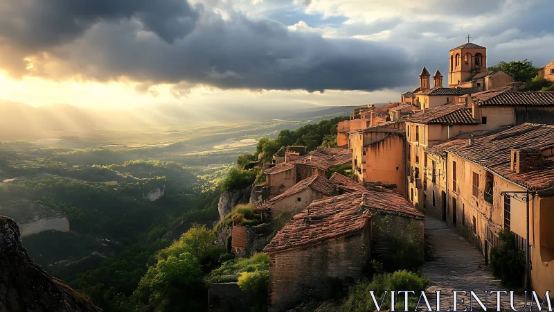 Sunlit hilltop village overlooking dramatic green valley.