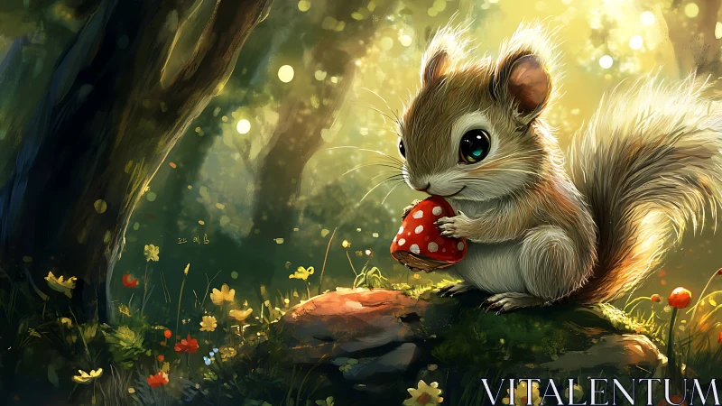 Backlit forest squirrel cradles red mushroom in stylized bokeh field