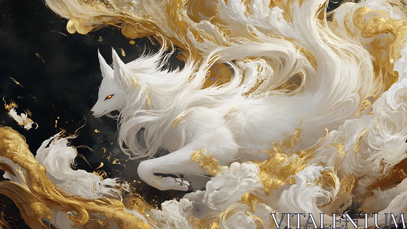 Mythic white fox spirit swirls through luminous golden clouds