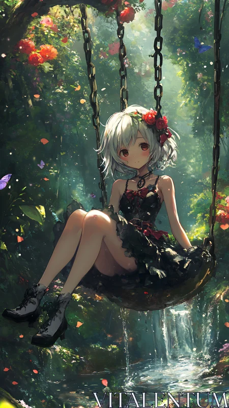 Enchanted forest girl gently swings above a sparkling stream