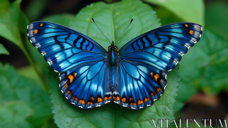 Blue butterfly rests with wings spread on green foliage