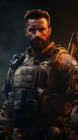 Battle-hardened soldier stands in dramatic cinematic lighting