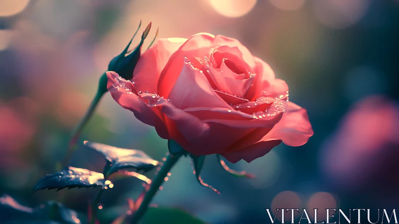 Coral Rose with Dew Drops in Soft Bokeh Light