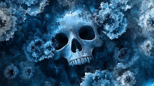 Fractal blue skull enveloped by crystalline floral structures.