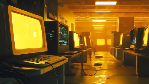 Retro cyberpunk terminal array in atmospheric orange glow.