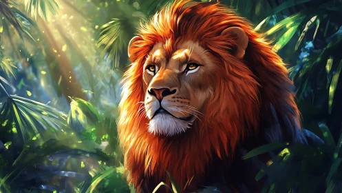 Regal lion in sunlit jungle with luminous amber mane.