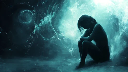 Silhouetted figure sits alone in swirling blue darkness.