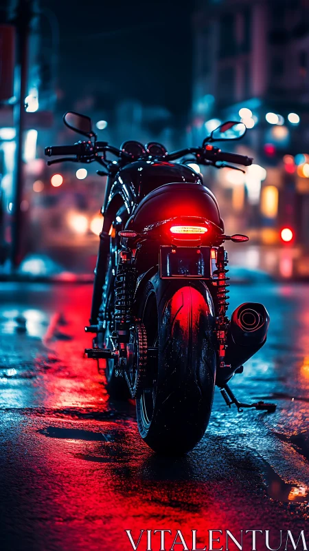 Neon midnight motorcycle poised in rainlit city glowscape.