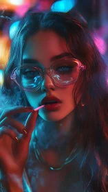 Neon-lit portrait of glossy-lipped woman with translucent glasses.
