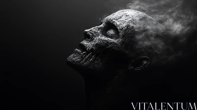 Ghostly skeletal portrait exhales into soft drifting smoke