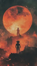 Fiery moonlit warriors poised on volcanic ridgeline silhouettes.