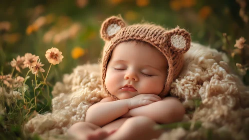 Sleeping infant wearing bear ears bonnet in flower field setting