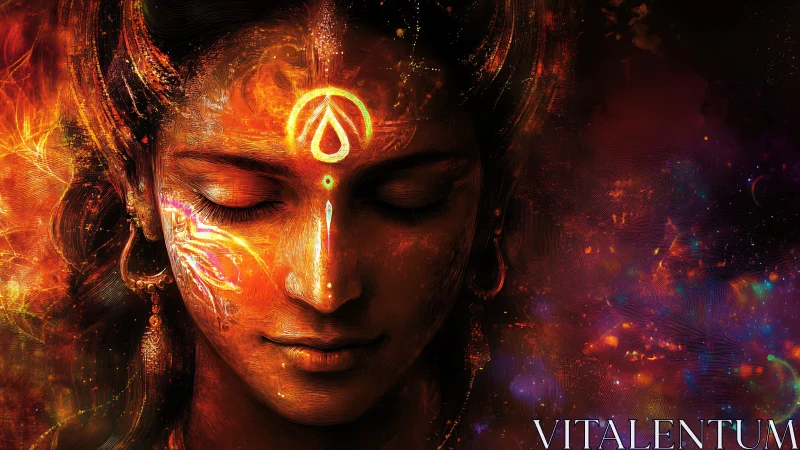 Serene cosmic goddess aglow in warm sacred starlight.