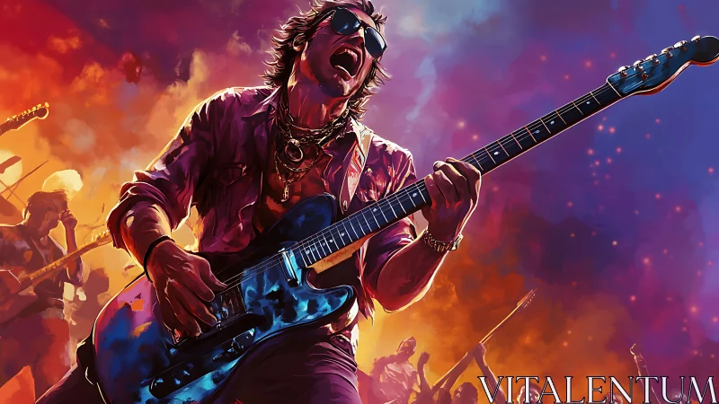 Rock guitarist explodes with energy on a neon-lit festival stage