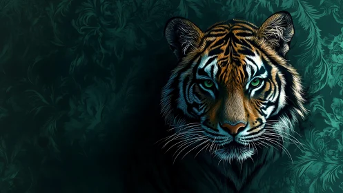 Emerald-eyed tiger portrait on teal floral ornamental field.