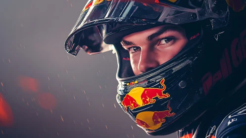 Close-up motorsport portrait with branded racing helmet visor
