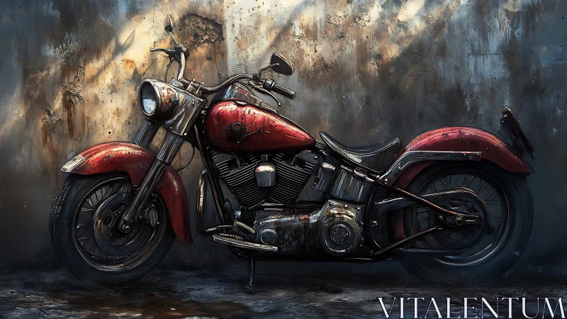 Rusty red vintage motorcycle against weathered concrete wall.