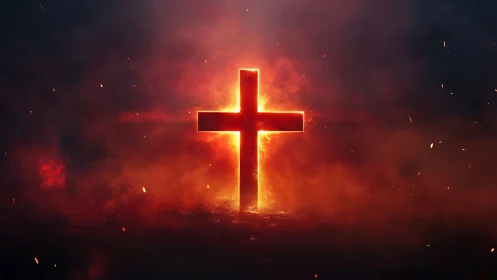 Luminous Cross Silhouette in Volcanic Atmospheric Glow.