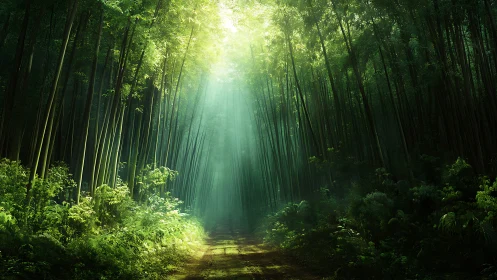Bamboo forest pathway with diffused sunlight penetrating dense canopy structure