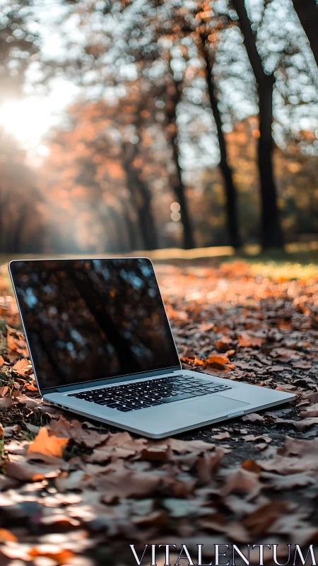 Laptop resting on autumn leaves for cozy outdoor focus.