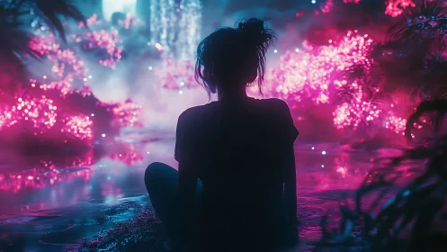 Silhouetted dreamer gazes across neon-lit fantasy lagoon.