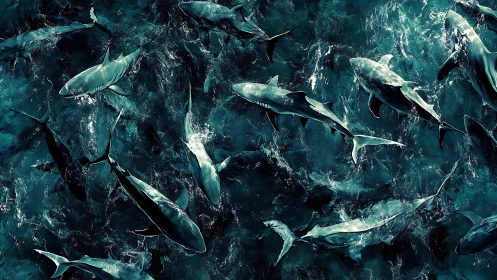 Stormlit shark ballet swirling through teal thunderwater.