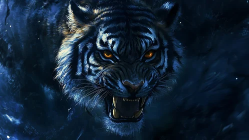 Midnight tiger strides through shadows with fierce golden fire.