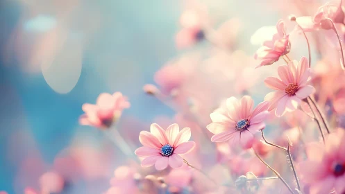 Soft pink blossoms glow gently against a dreamy blue sky