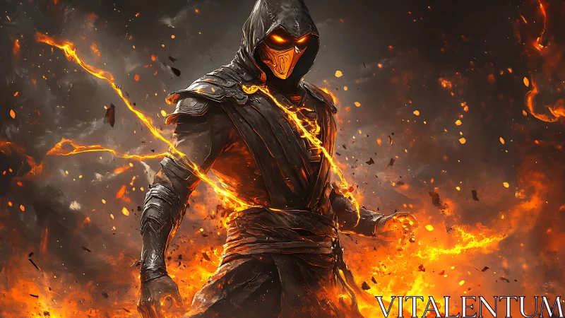 Hooded fire warrior in molten armor amid burning embers.