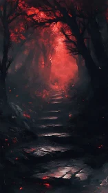 Stone path through red lit forest under dark canopy.