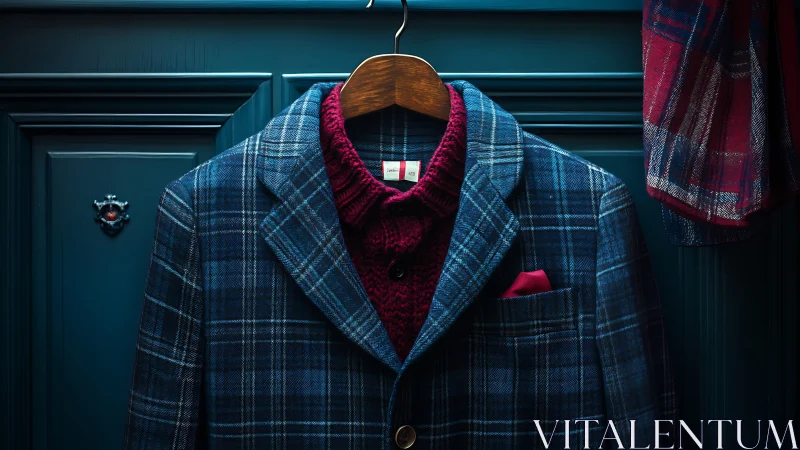 Plaid blazer styled display against teal door.