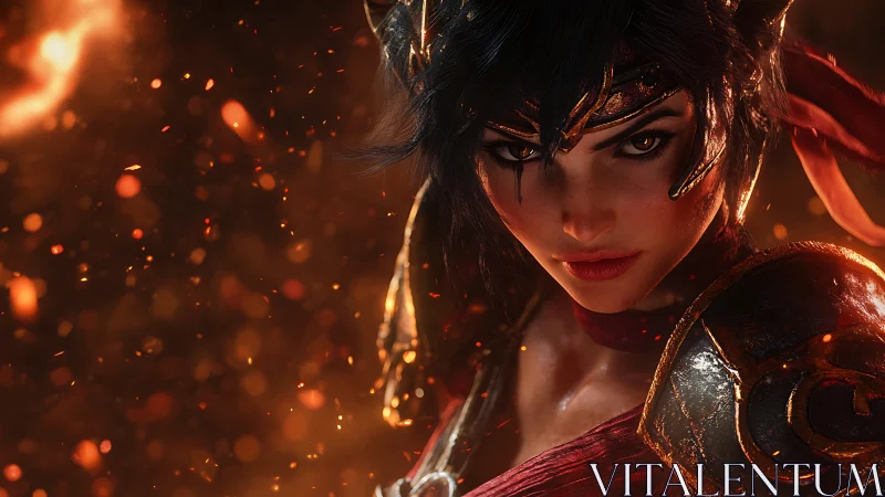 Smoldering warrior gaze amid drifting embers of battlefire.