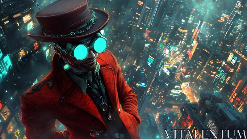 Steampunk observer overlooking dense cyberpunk cityscape.