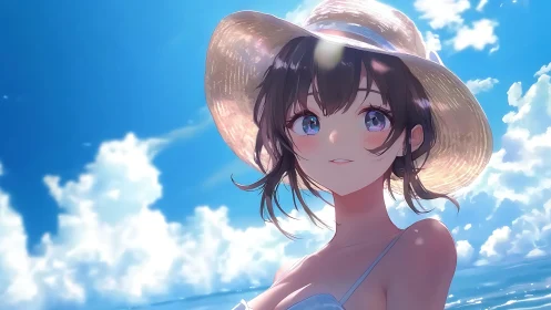 Sunlit beach girl gazes up with gentle wonder and calm joy