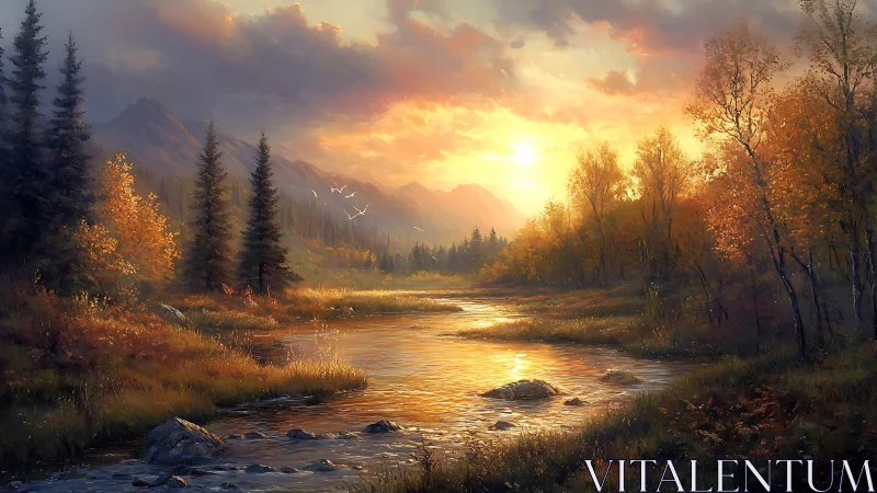 Golden autumn river reflects sunset behind distant peaks