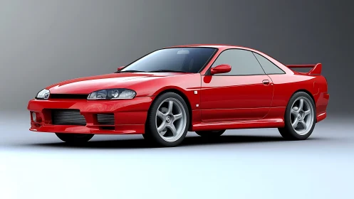 Red two-door sports coupe on neutral studio backdrop.