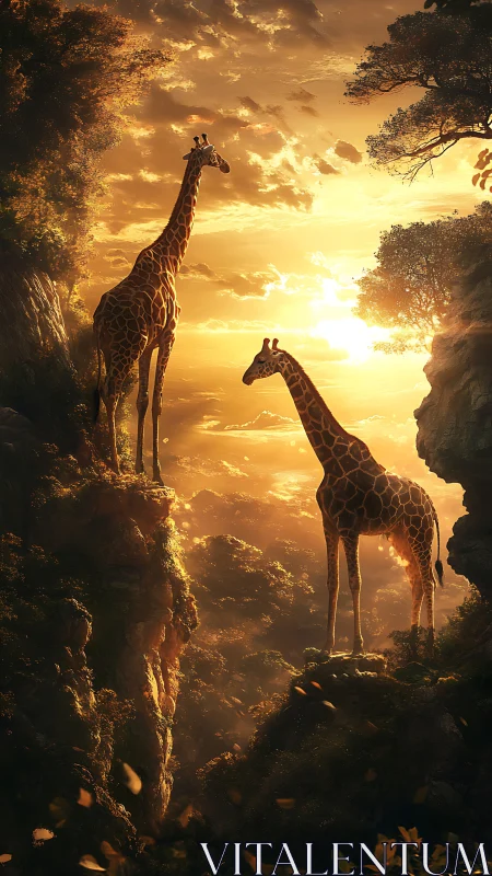 Two giraffes stand on rocky cliffs in golden sunset light