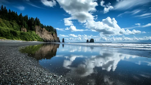 Calm rocky shoreline under bright clouds and mirrored waves.