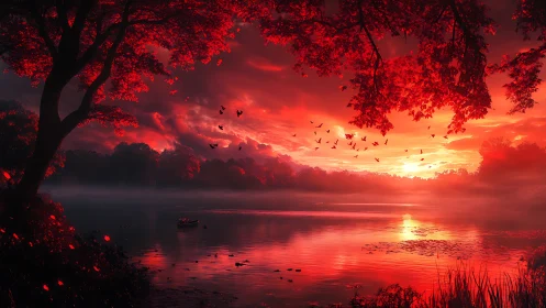 Crimson sunset lake panorama with silhouetted trees and birds