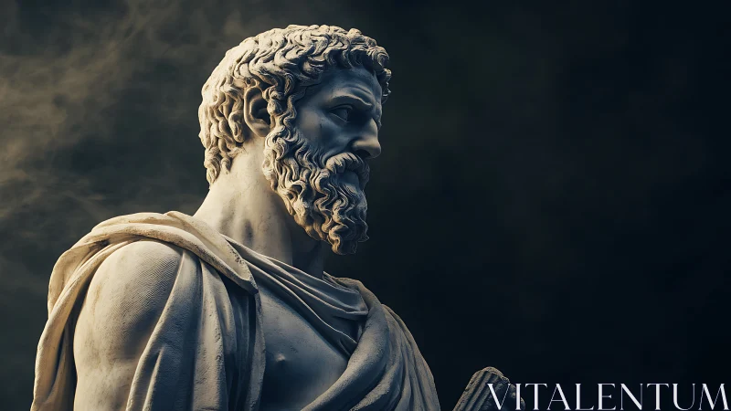 Dramatic side-lit marble philosopher statue in high contrast