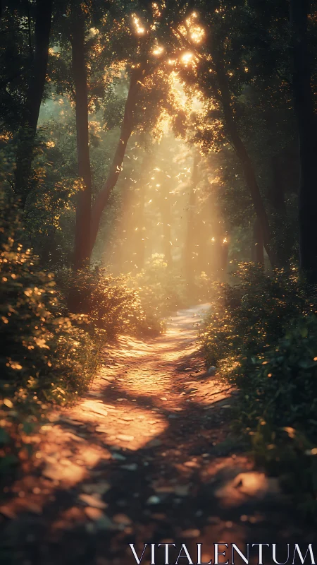 Golden Light Path Through Ancient Forest Canopy.