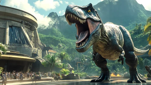 Roaring T‑Rex storms futuristic jungle park plaza in daylight