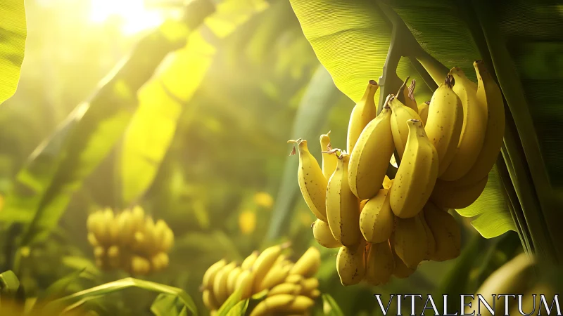 Sunlit banana clusters glow softly in a lush green grove