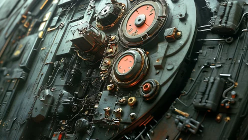 Futuristic engine panel reveals intricate orange dials. Period.